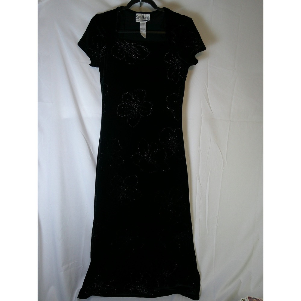 Vintage Sheri Martin New York Petites Black Velvet Floral Glitter Midi Dress 10P